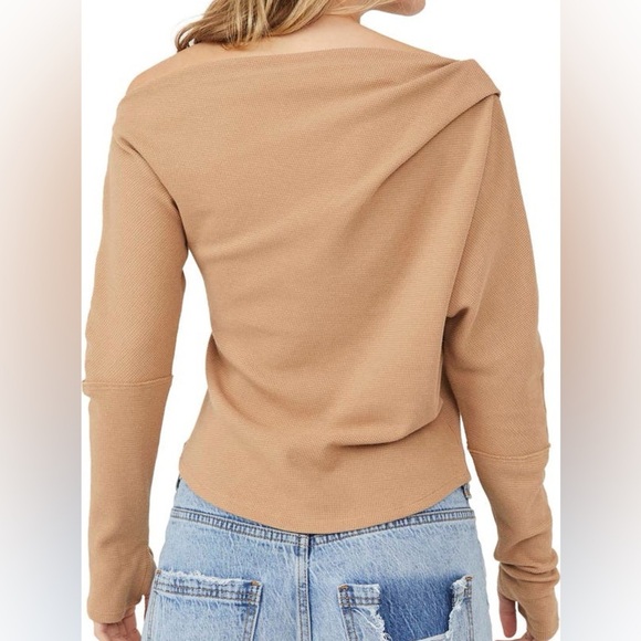 We The Free Fuji Off Shoulder Thermal Top Small S Pale Camel Waffle Knit Casual - Picture 7 of 12